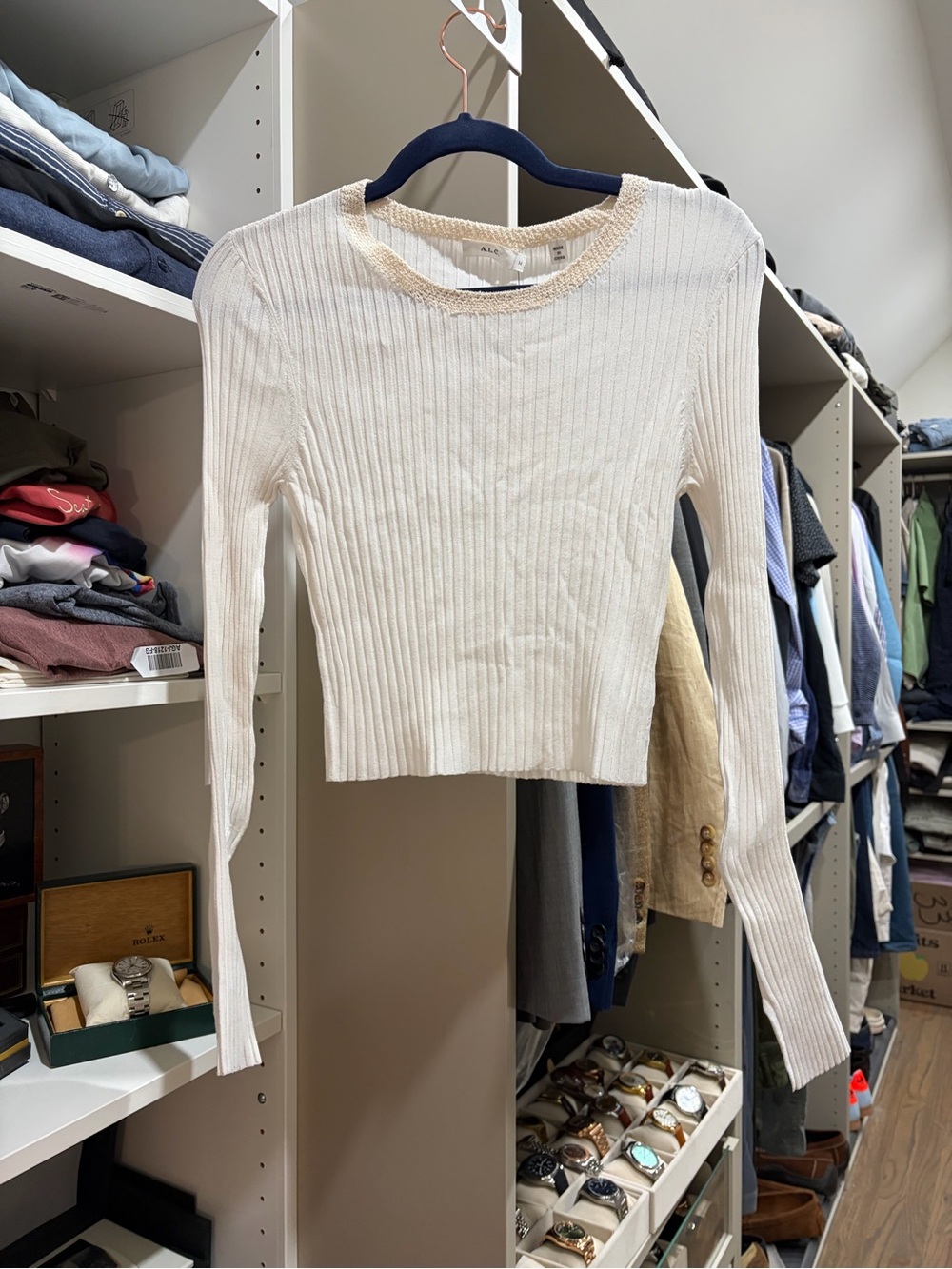 A.L.C. Cream Ribbed Crewneck Long-Sleeve Top